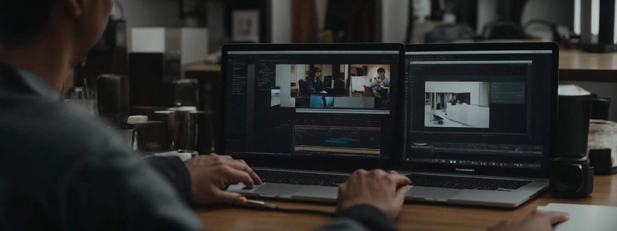 Person editing videos on dual monitors at a desk, with video editing software open on both laptop screens.