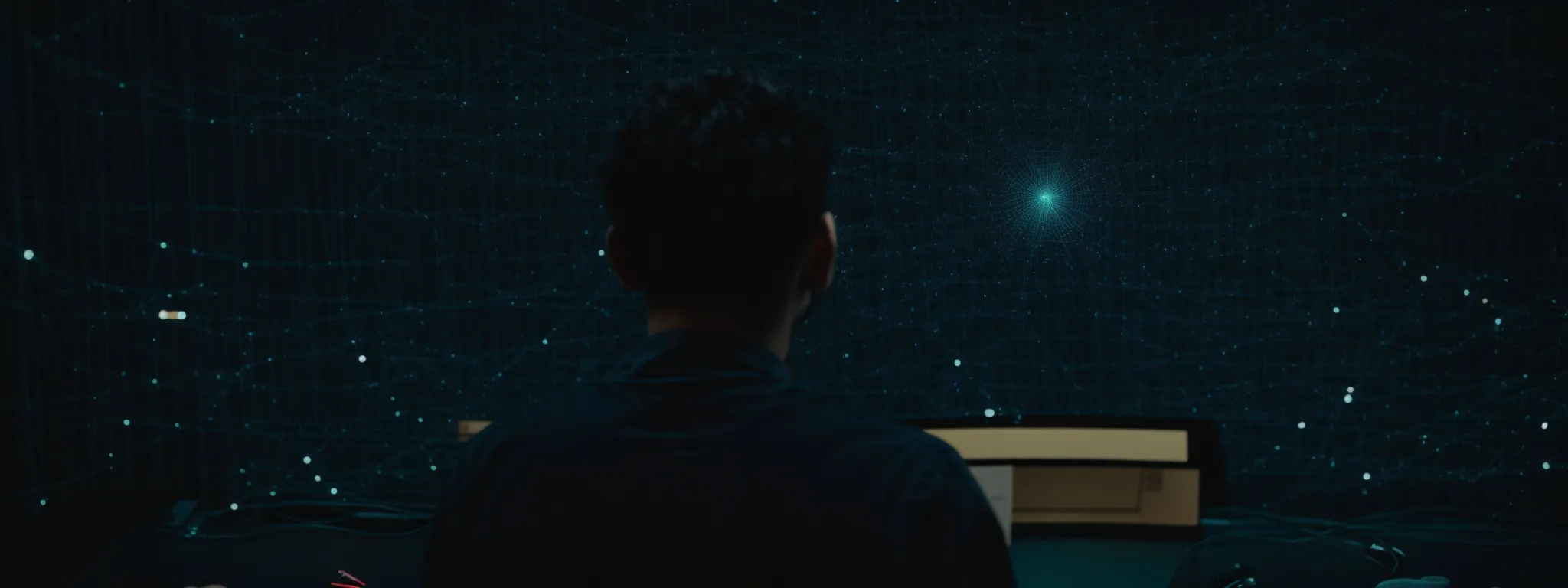 a person stares intently at a computer screen filled with a complex web of connections symbolizing search algorithms.