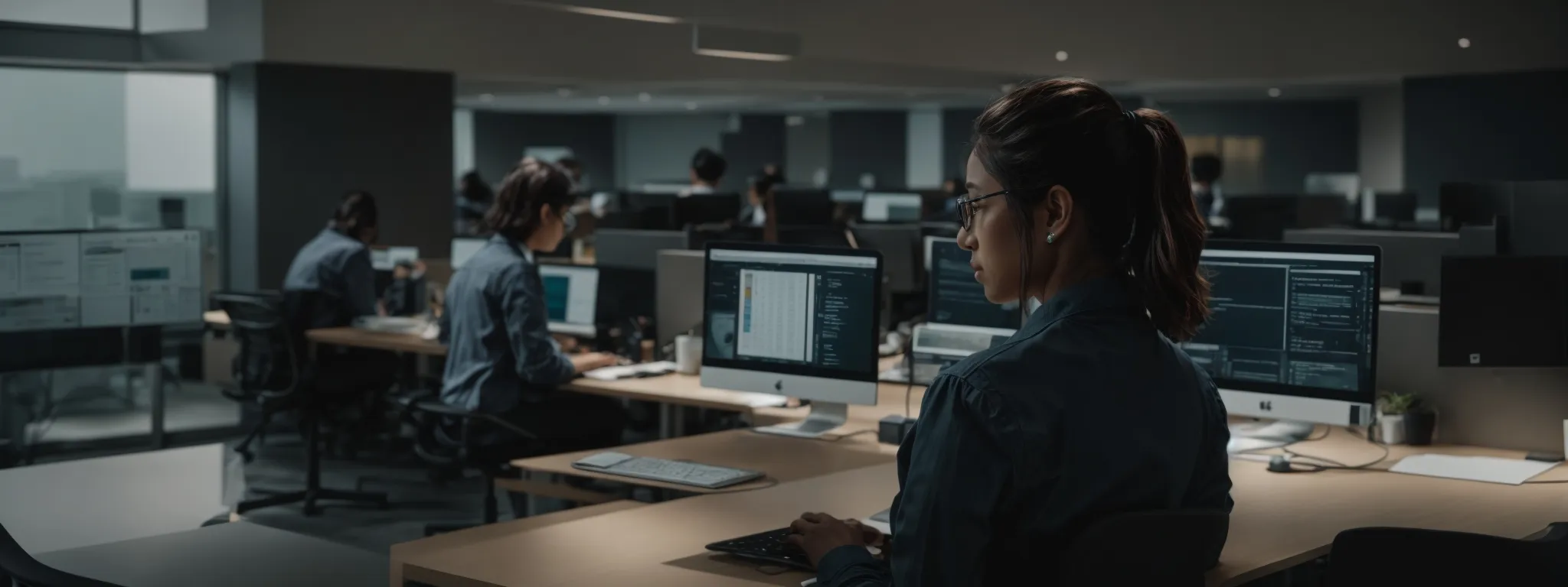 a person typing on a computer in a modern office, symbolizing a strategic seo meeting influenced by gpt-3 technology.