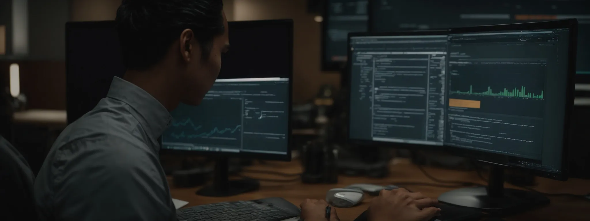 a person sitting at a computer using advanced seo software to analyze and optimize product listings on an amazon-like interface.