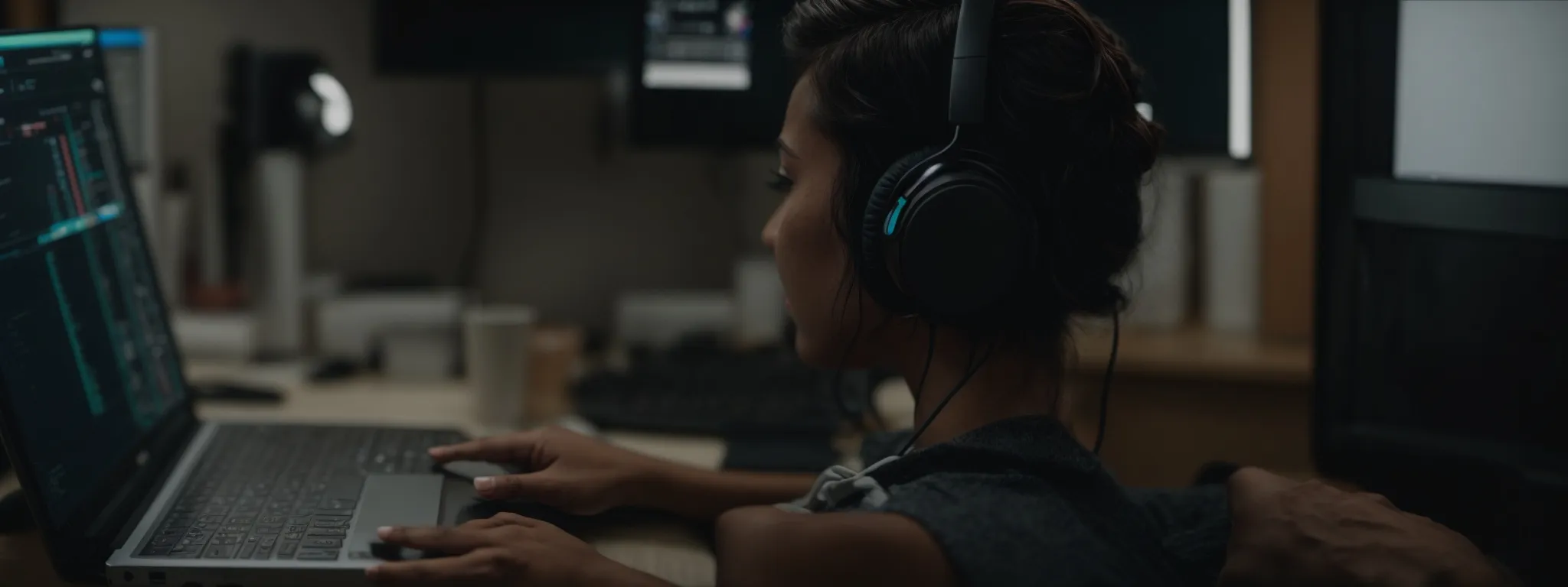 a laptop displaying an online shop with a person wearing headphones immersed in editing a video on the screen.