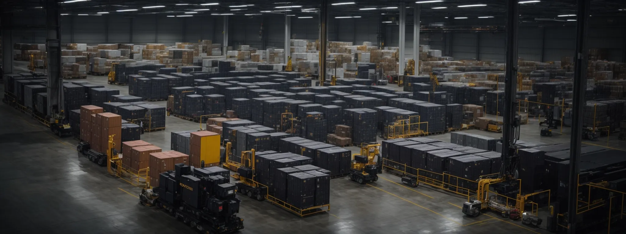 a view overlooking a modern warehouse with autonomous robots transporting goods and a centralized digital control system monitoring operations.