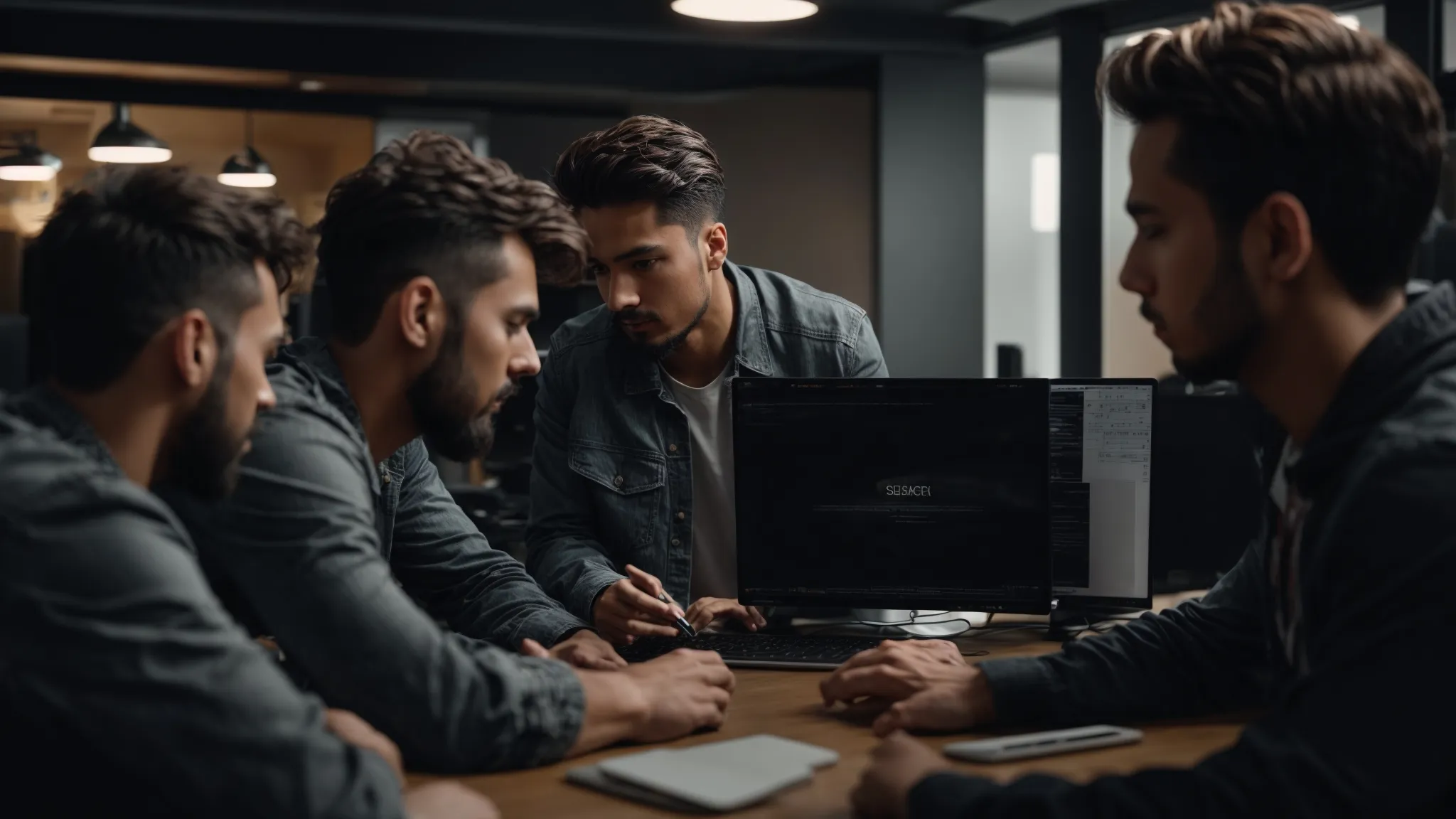 a group of focused developers gathered around computers discussing strategies for optimizing a search engine's q&a platform.