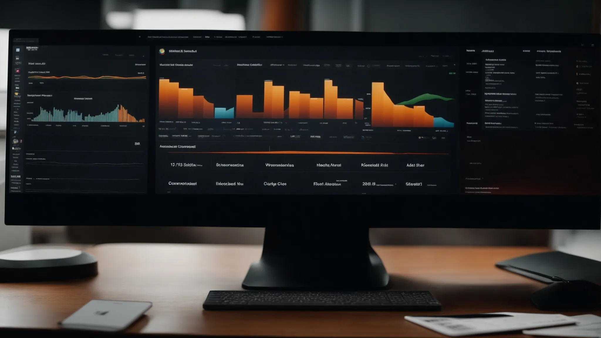 A large widescreen monitor on a desk displays data dashboards with charts, graphs, and analytics in a dark-themed interface.