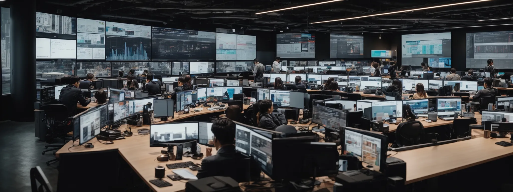 a panoramic view of a bustling digital marketing agency with screens displaying graphs and analytics, as marketers collaborate on a multi-channel campaign strategy.