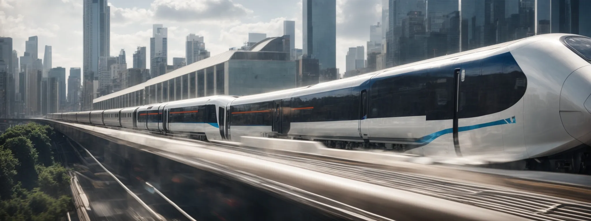 a high-speed train effortlessly gliding through a futuristic cityscape, symbolizing efficiency and modernity in transit.