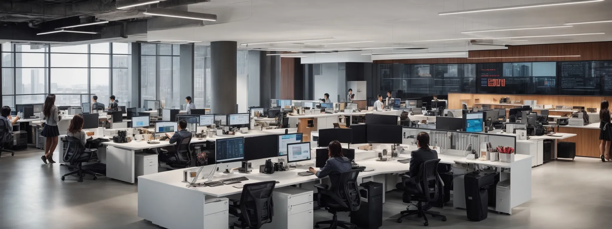 a modern open-plan office with sleek computers displaying vibrant marketing dashboards and employees brainstorming over a central table.