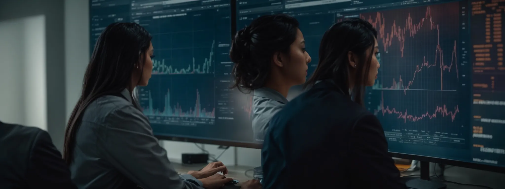 two marketing professionals intently study a computer screen displaying analytics graphs and competitor content performance metrics.