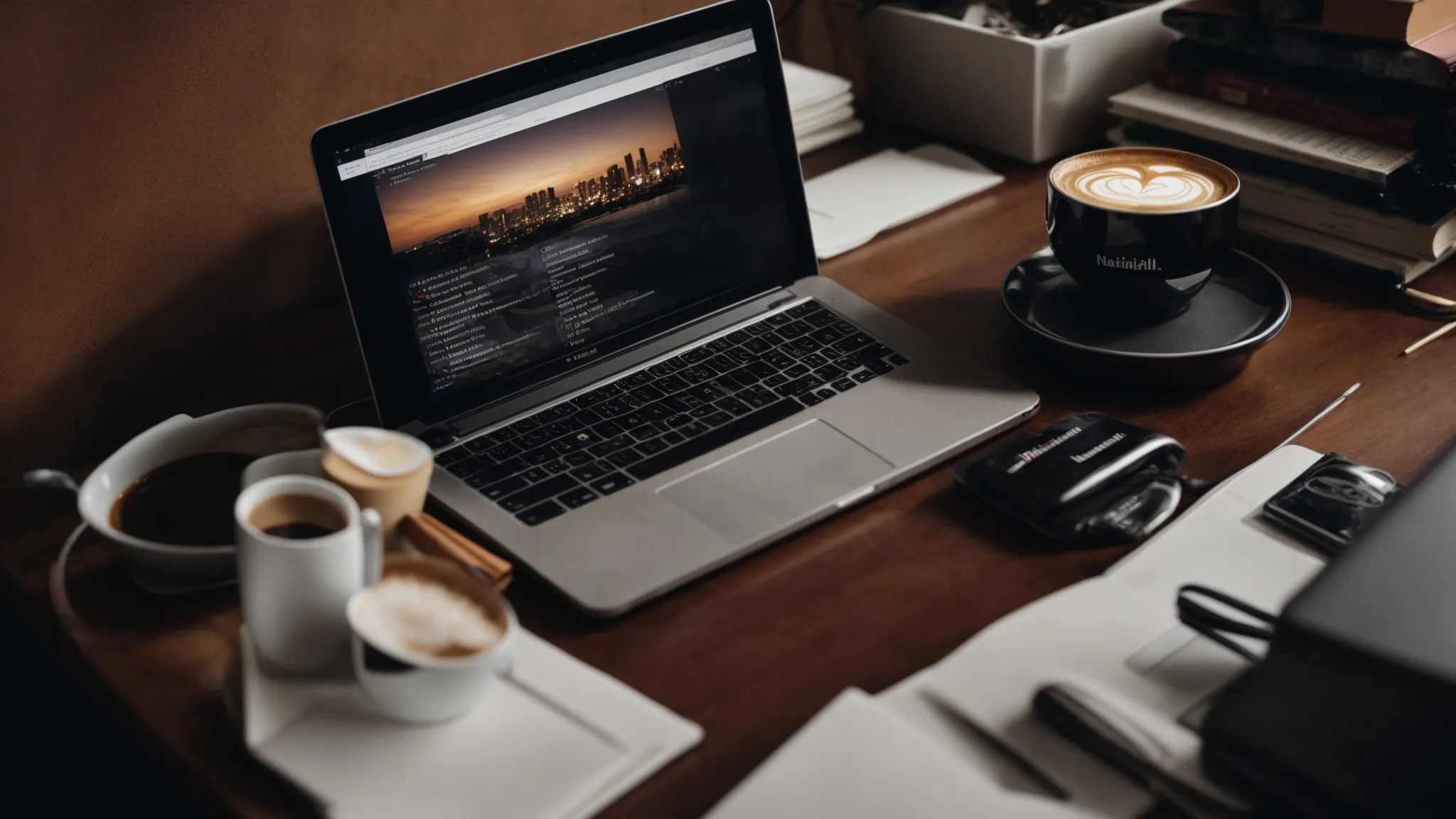 a cluttered desk with an open laptop displaying a website's code and a cup of coffee next to it.