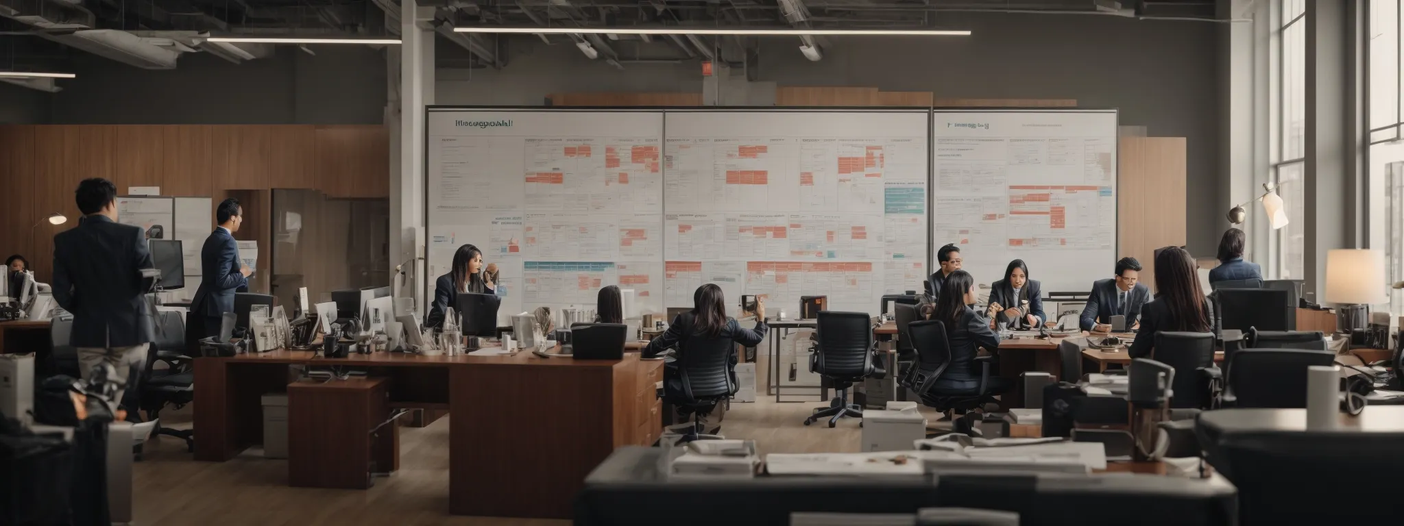a bustling digital marketing office with professionals strategizing around a large calendar marked with holidays.