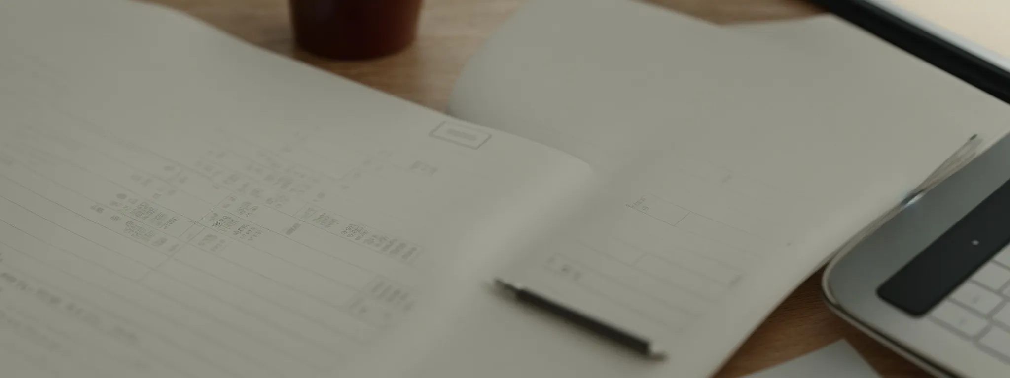 a computer screen displaying a chart of keyword rankings, with a notepad and a cup of coffee on the side.