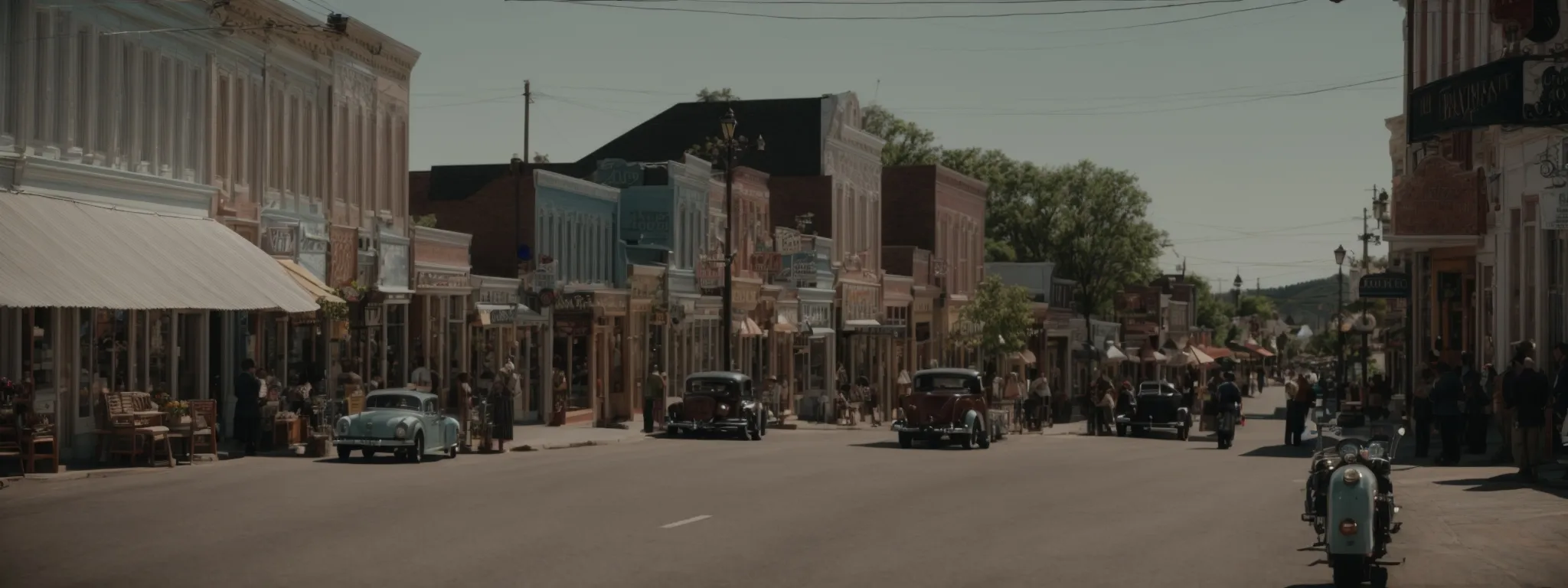 a bustling small town main street with a mix of quaint shops and local businesses.