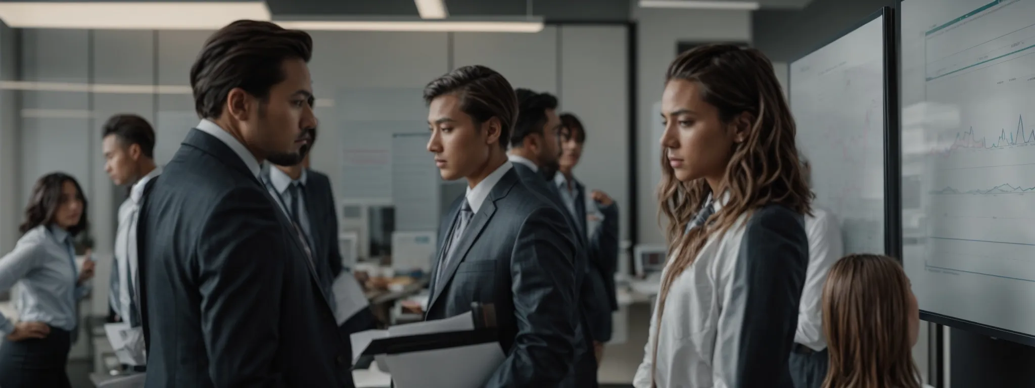 a group of focused professionals intently analyzing graphs and charts on a whiteboard in a modern office setting.