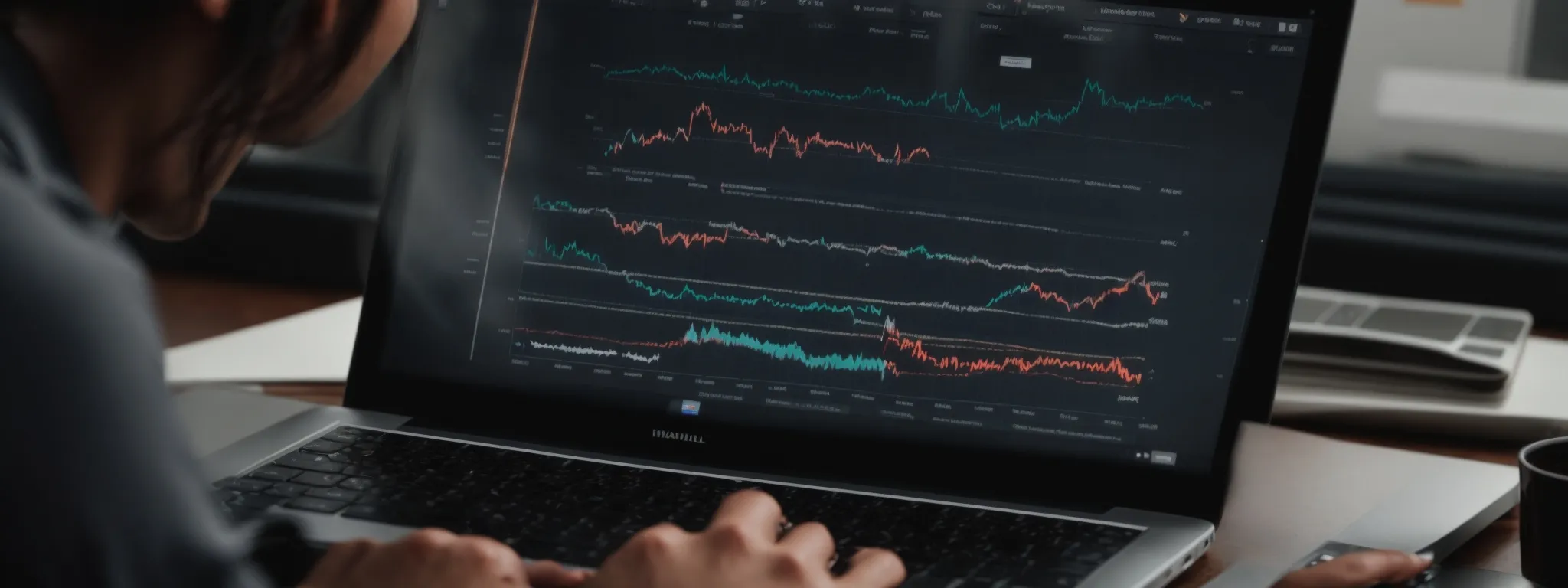 a person using a laptop to strategically plan their seo tactics with charts and graphs on the screen indicating keyword performance analysis.