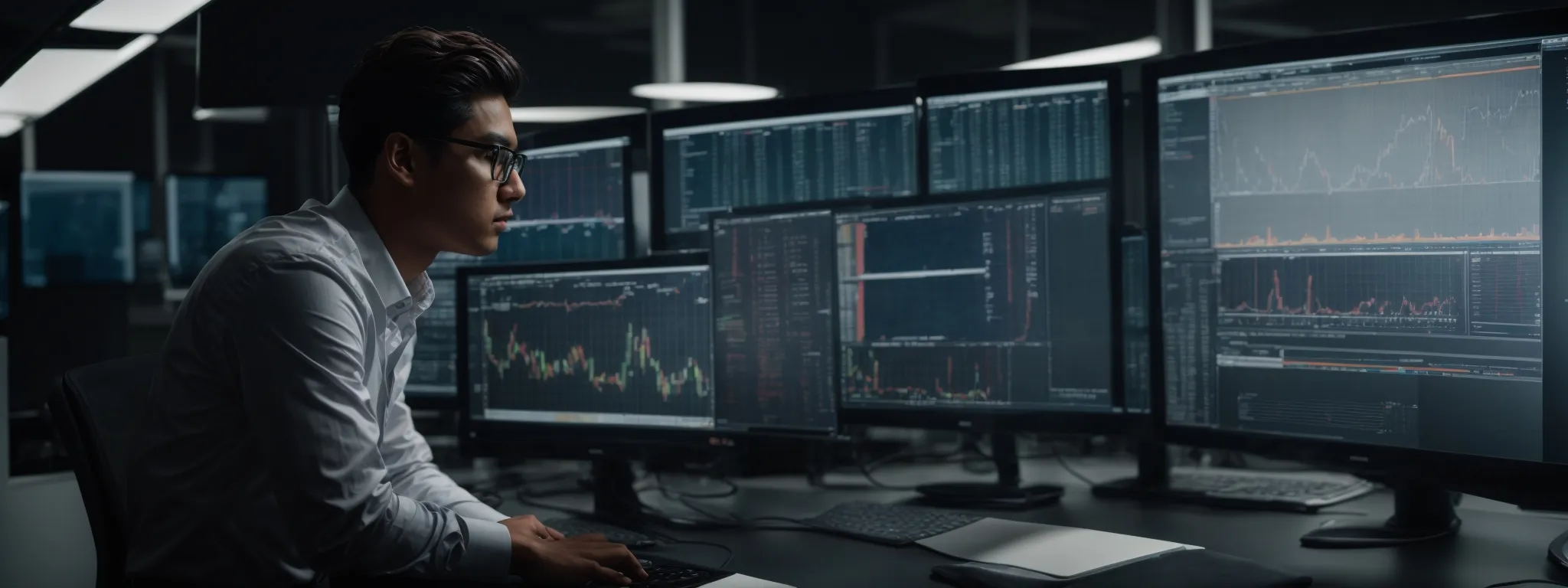 a person analyzing complex data across multiple computer screens in a modern office.
