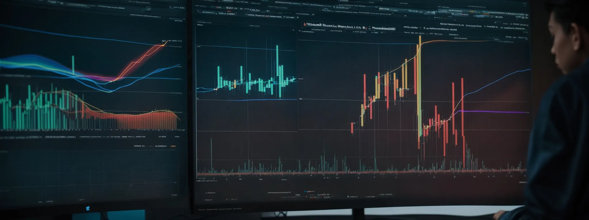 a person analyzes colorful graphs on a large monitor displaying website traffic statistics for various domain extensions.