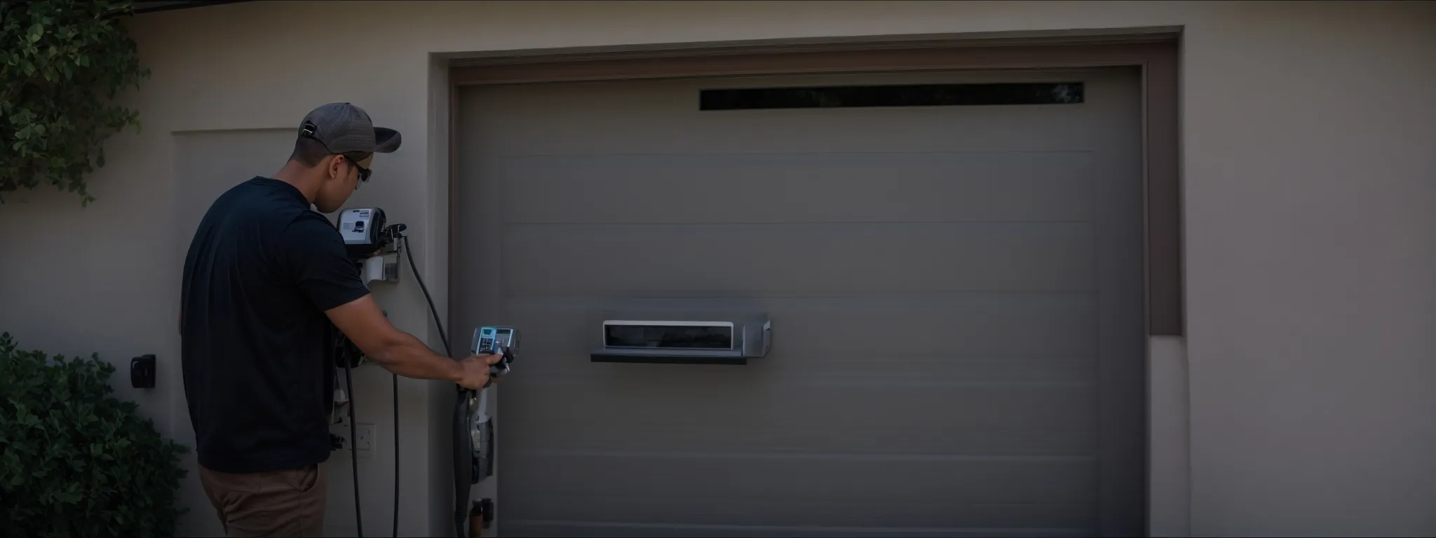 a garage door technician is calibrating a modern garage door opener system attached to a sleek, new garage door in a residential driveway.