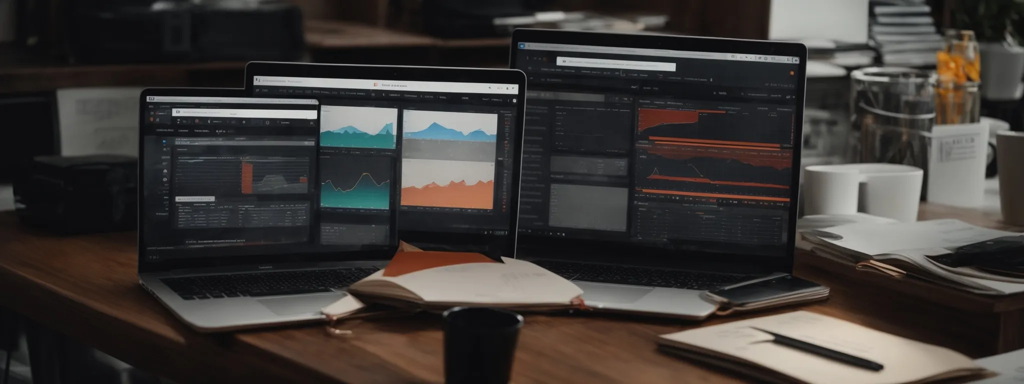 a laptop with a visible content creation interface on the screen surrounded by marketing strategy documents and charts.