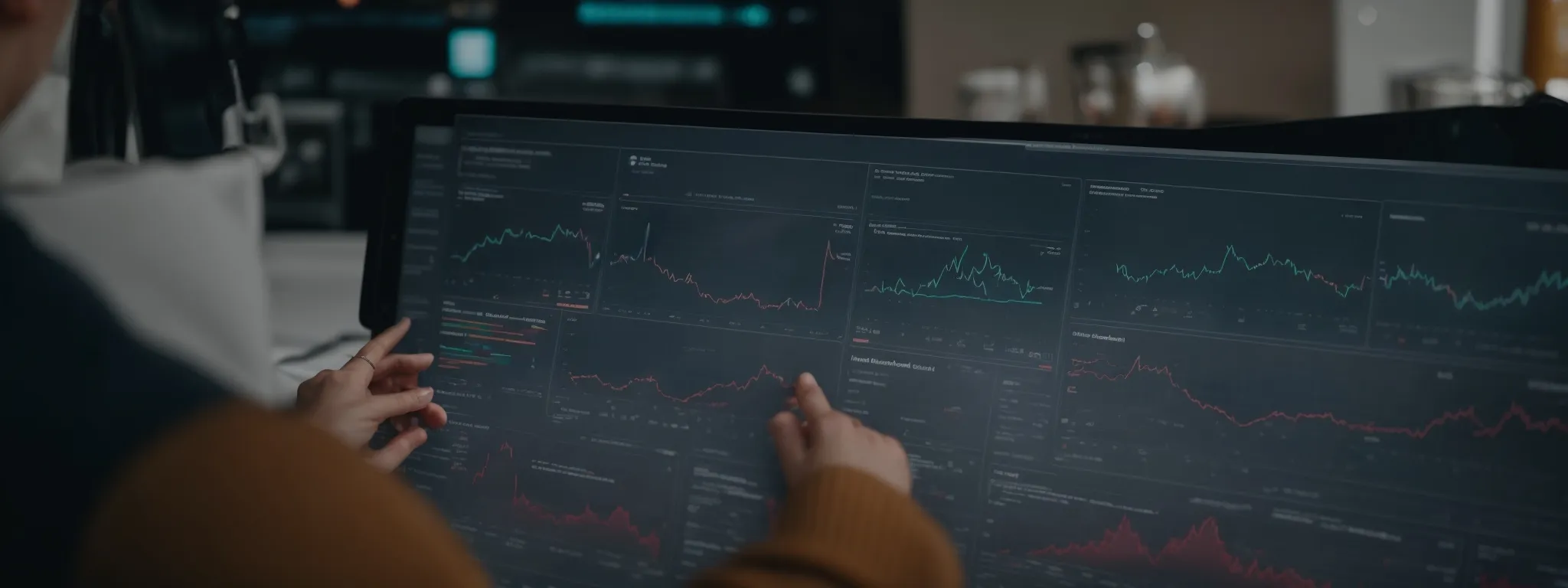 a professional navigating a digital marketing dashboard that features an analytics growth chart.