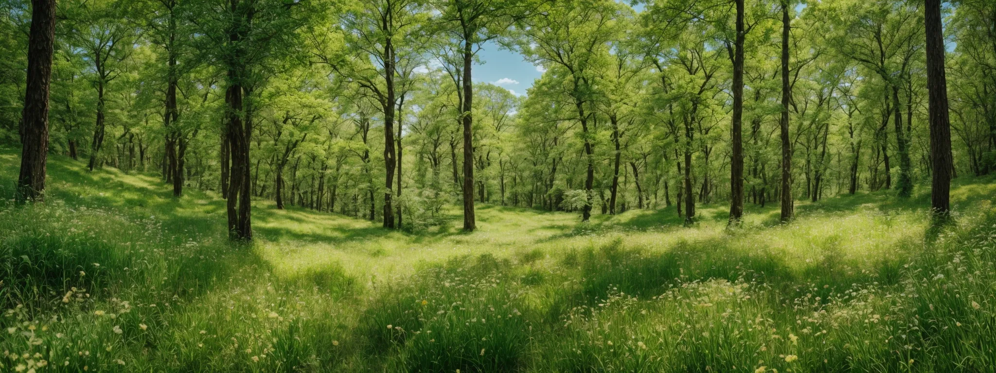 A sunlit forest with tall green trees and dense grass, featuring scattered wildflowers and a blue sky visible through the canopy.