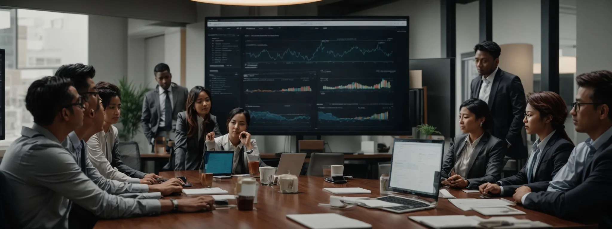 a team of professionals gathered around a conference table, analyzing metrics on a screen that reflects website traffic and engagement data.