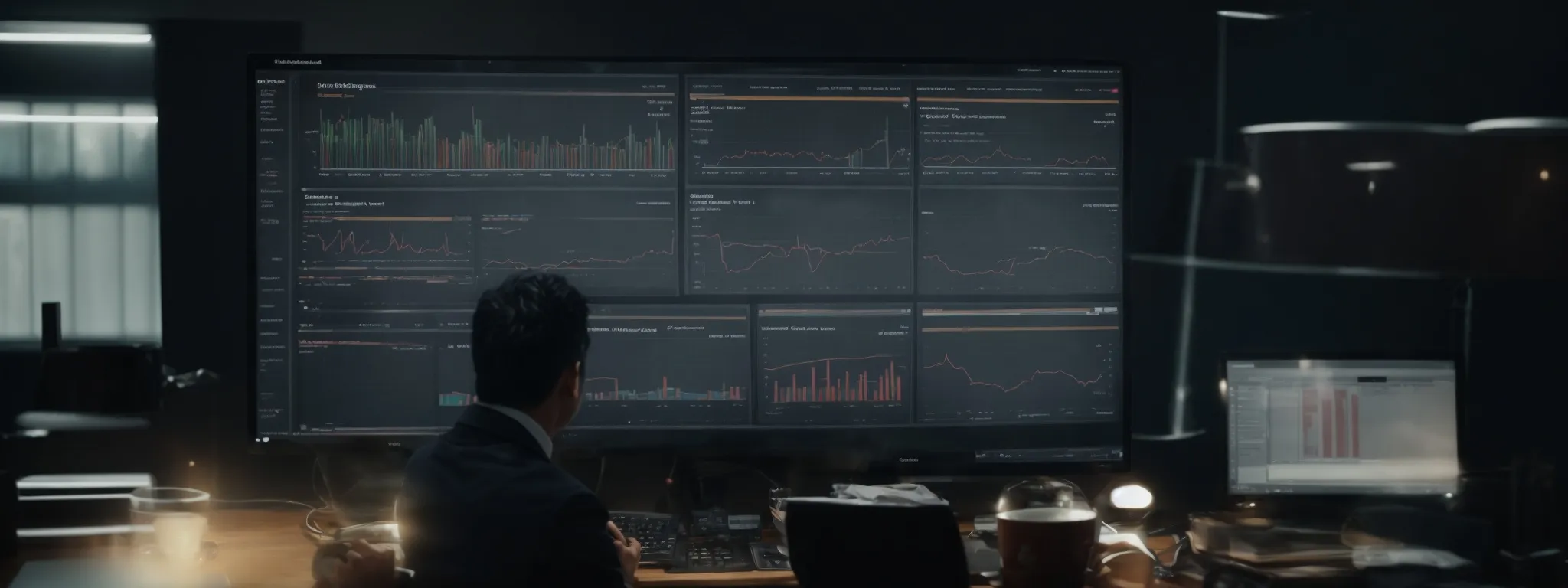a professional marketer scrutinizes a computer screen displaying a complex seo analytics dashboard.
