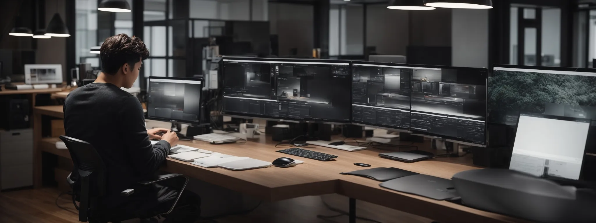 a designer is creatively working at a modern, streamlined workspace with a focus on a computer screen displaying a website layout.
