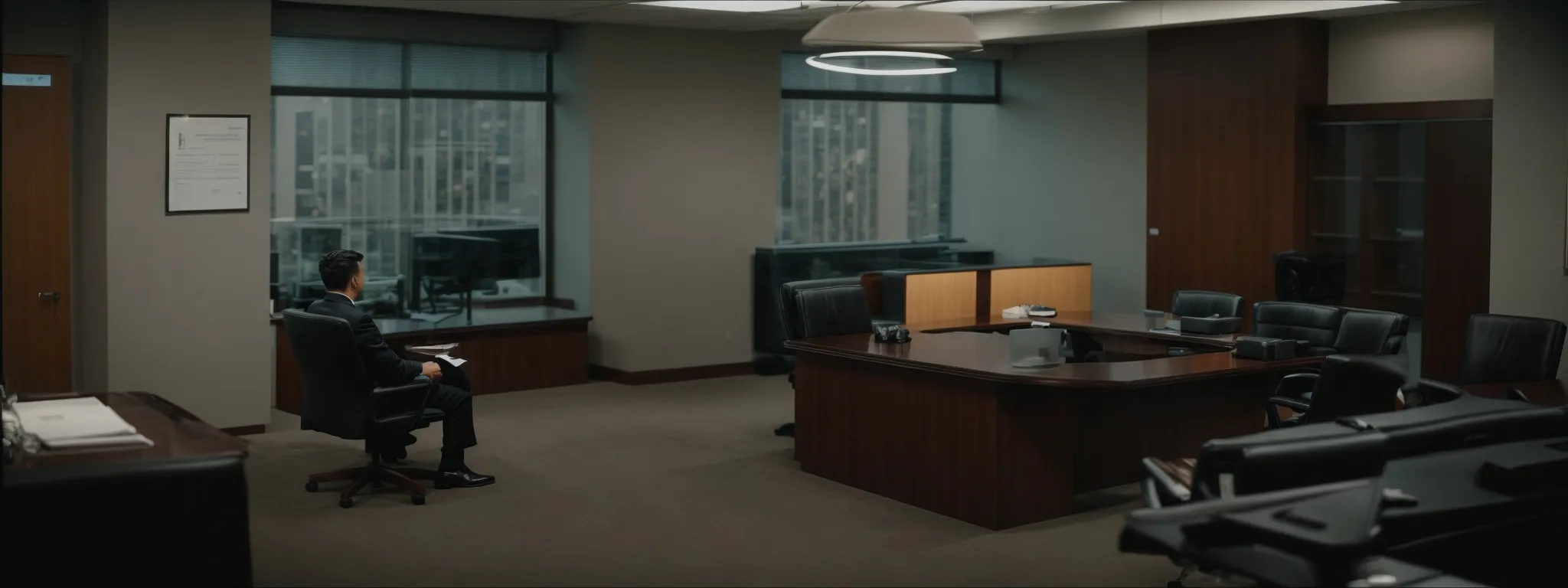 a law office meeting room with attorneys strategizing over a computer.
