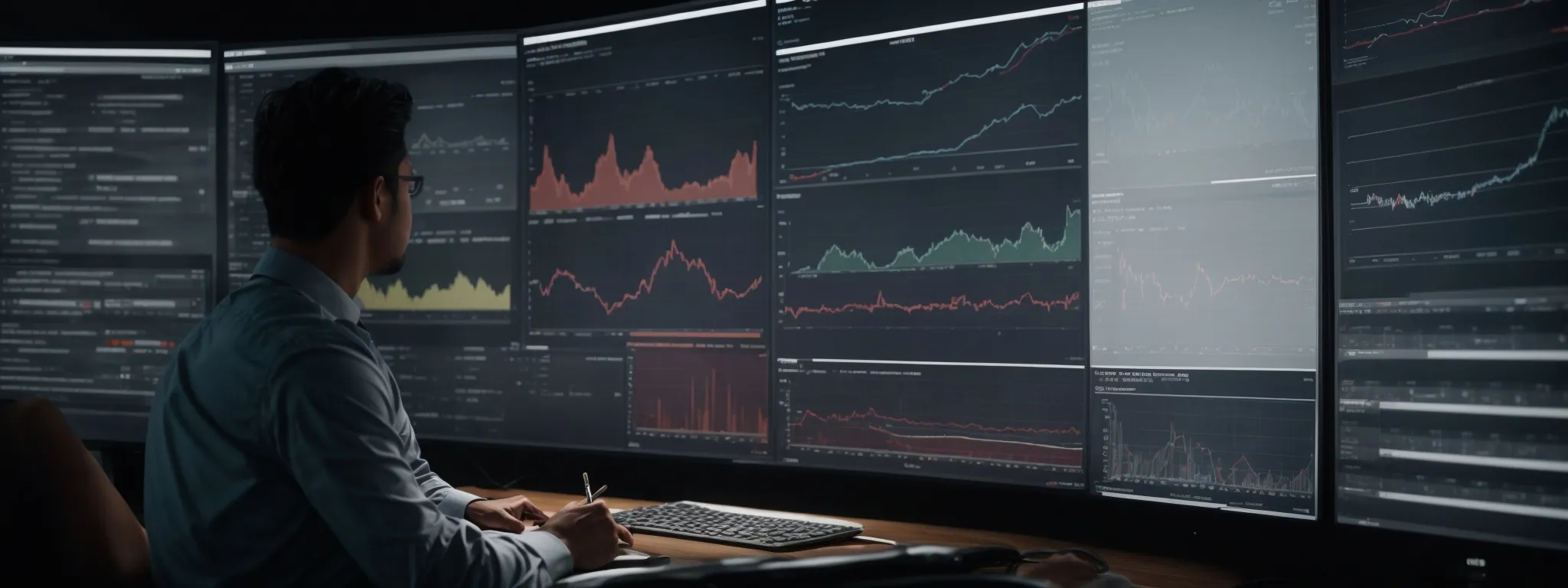 a marketer thoughtfully analyzes charts on a large screen displaying website analytics and seo performance metrics.