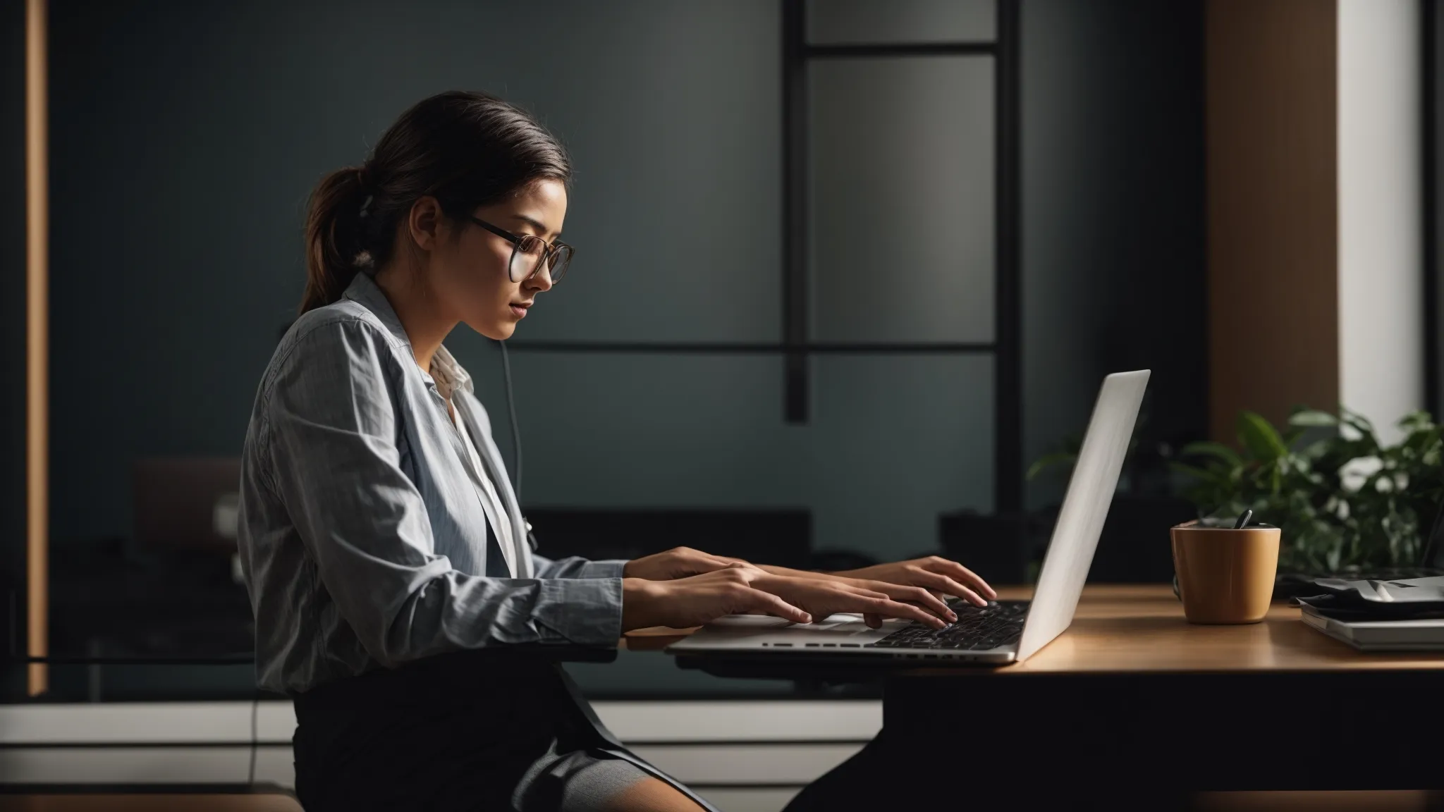 a person sits at a modern desk, using a laptop to submit a press release on a digital marketing platform.