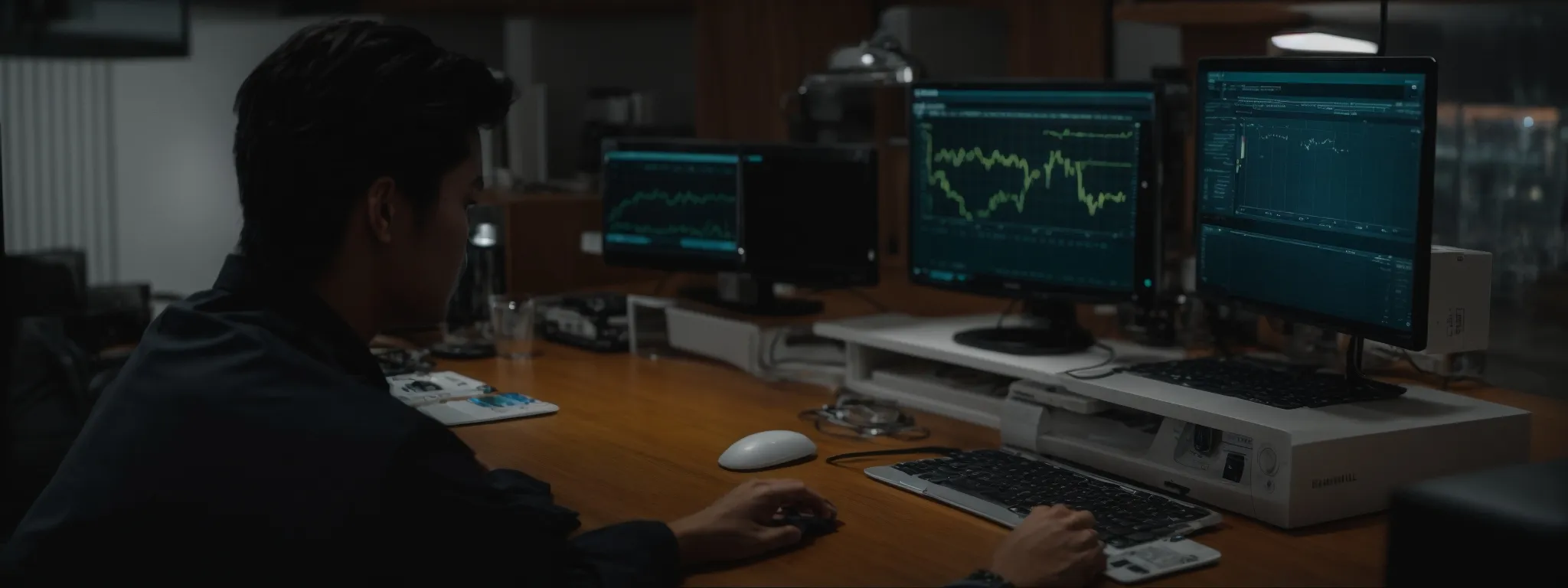 a marketer analyzes data trends on a computer for long-tail keyword strategies.