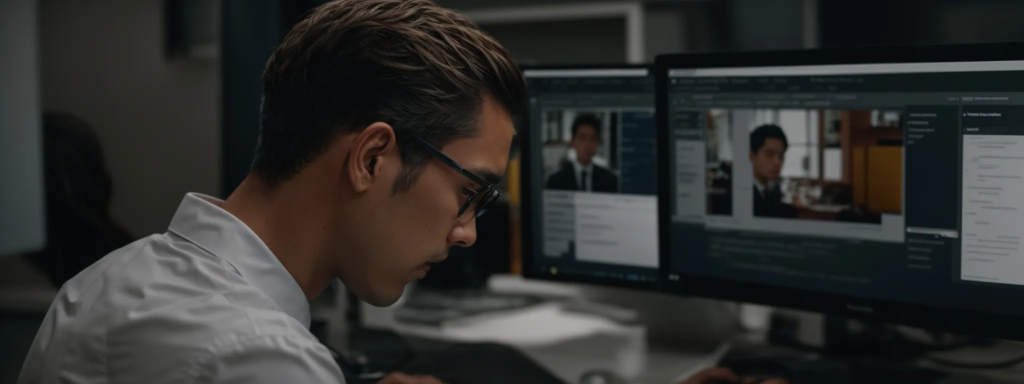 a marketer is intently focused on a computer screen where a google docs interface is open, highlighting an email template design amidst a productive workspace.