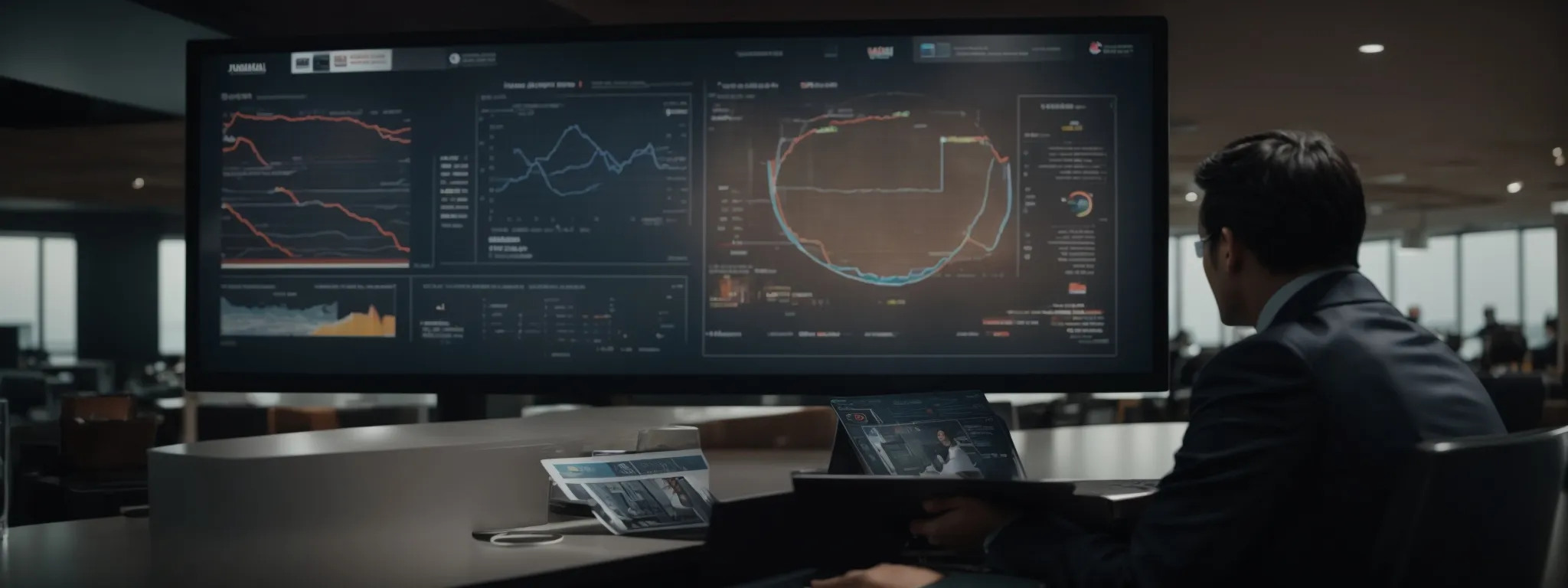 a businessman presenting a marketing strategy on a digital screen that connects various traditional and digital media channels.