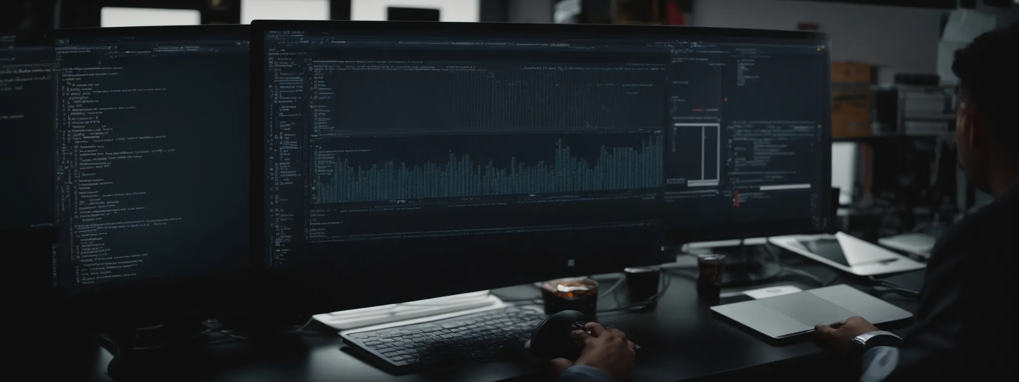 a web developer examines a clean, organized layout on a computer screen, adjusting seo-enhanced webpage components.