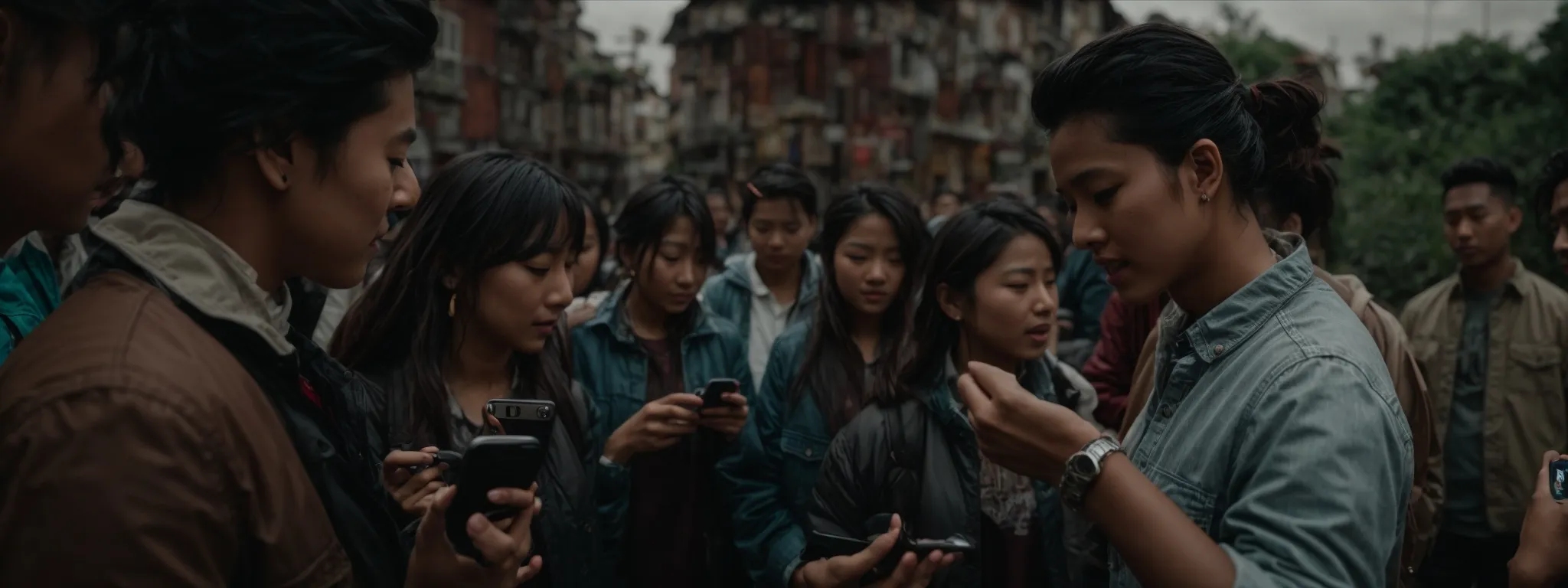 a group of people is gathered around a smartphone, engaged in an interactive live stream session while excitement and curiosity are vivid on their faces.