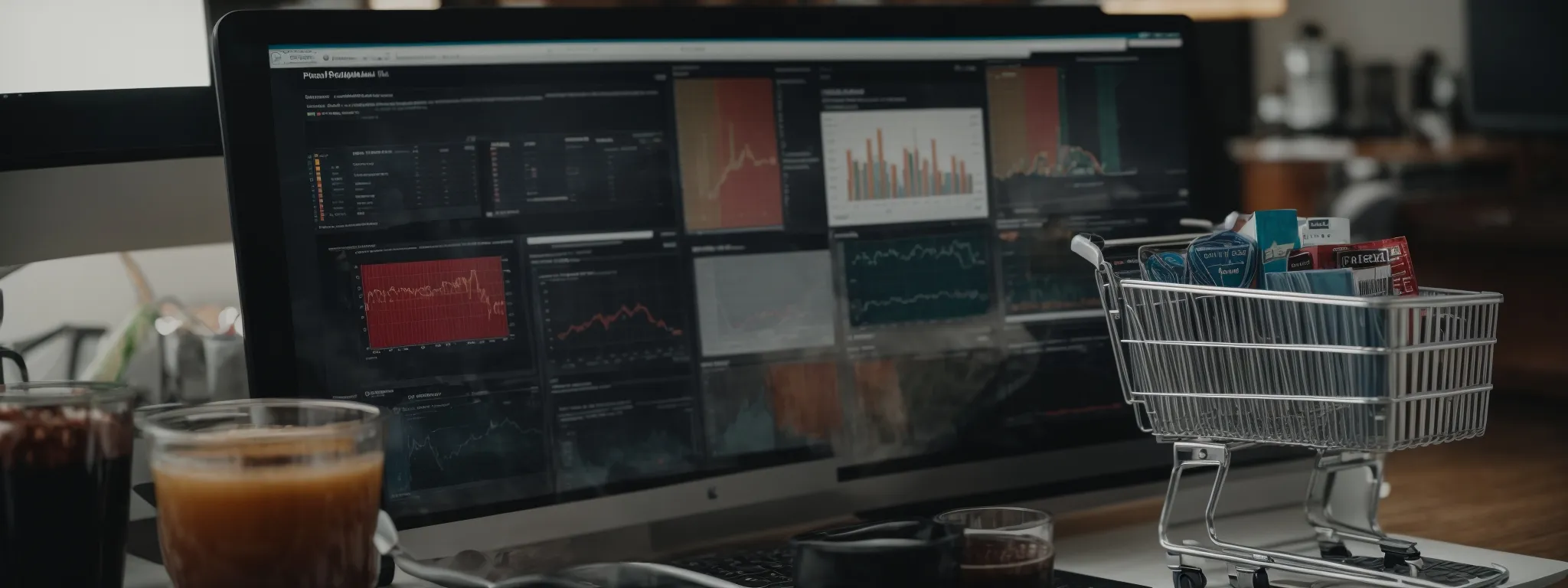 a shopping cart filled with a variety of products is being viewed on a computer screen, surrounded by graphs and charts displaying performance analytics.