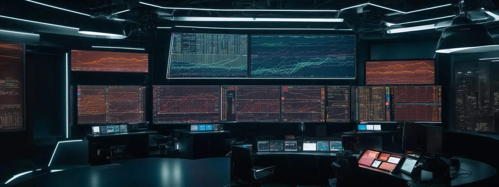 a futuristic control room with screens displaying data analysis and graphs, symbolizing ai-driven seo strategies.