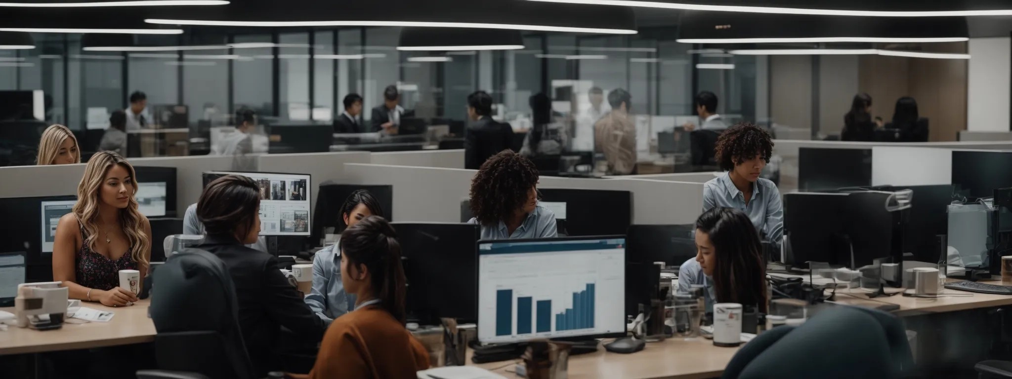 a marketing team is brainstorming around a computer in a modern office, strategizing their next social media campaign.