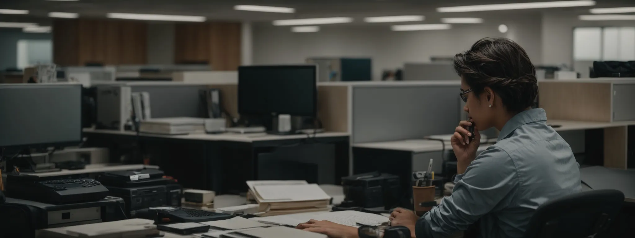 a diligent writer sits before a computer, fingers posed to craft the next seo masterpiece amidst a serene, organized office space.