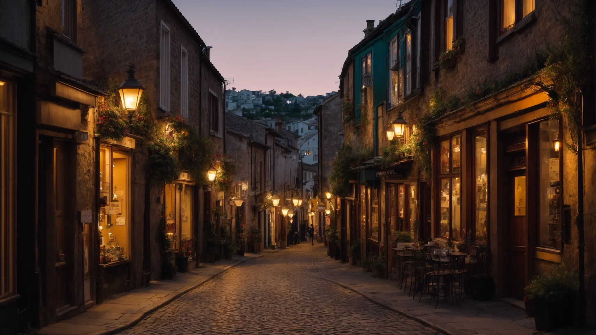 explore a winding cobblestone alley lined with quirky, undiscovered boutique shops and charming local cafes, bathed in the warm glow of street lamps as twilight descends on the city.