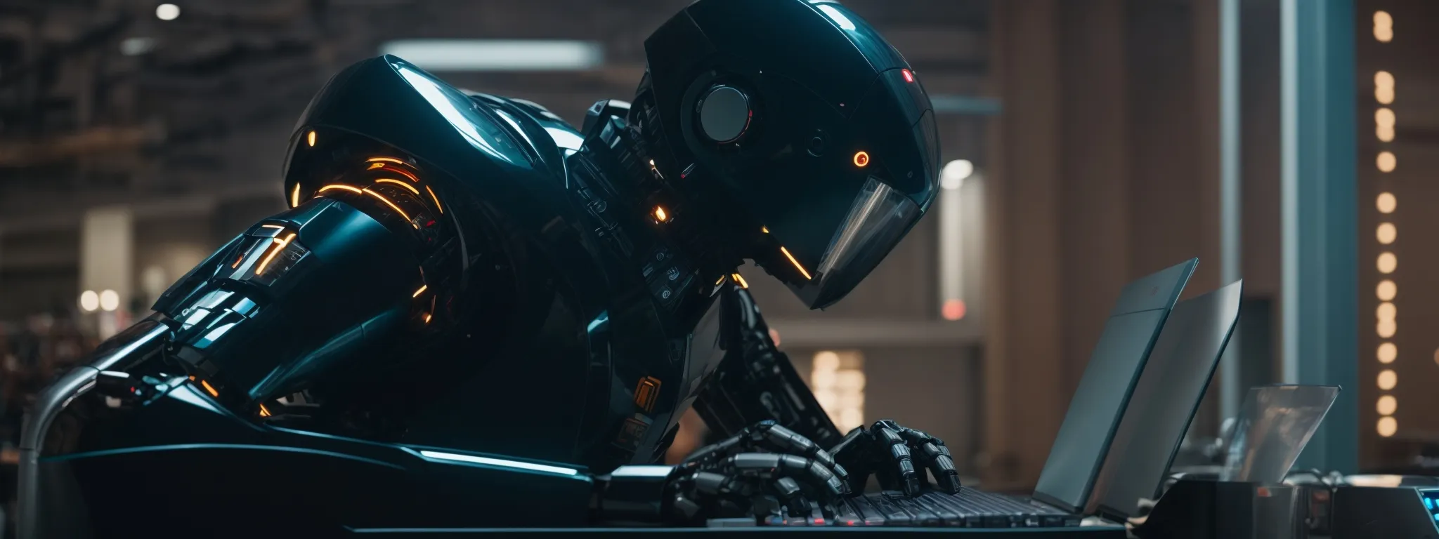 a futuristic robot typing on a computer demonstrates the impact of automation in content generation.