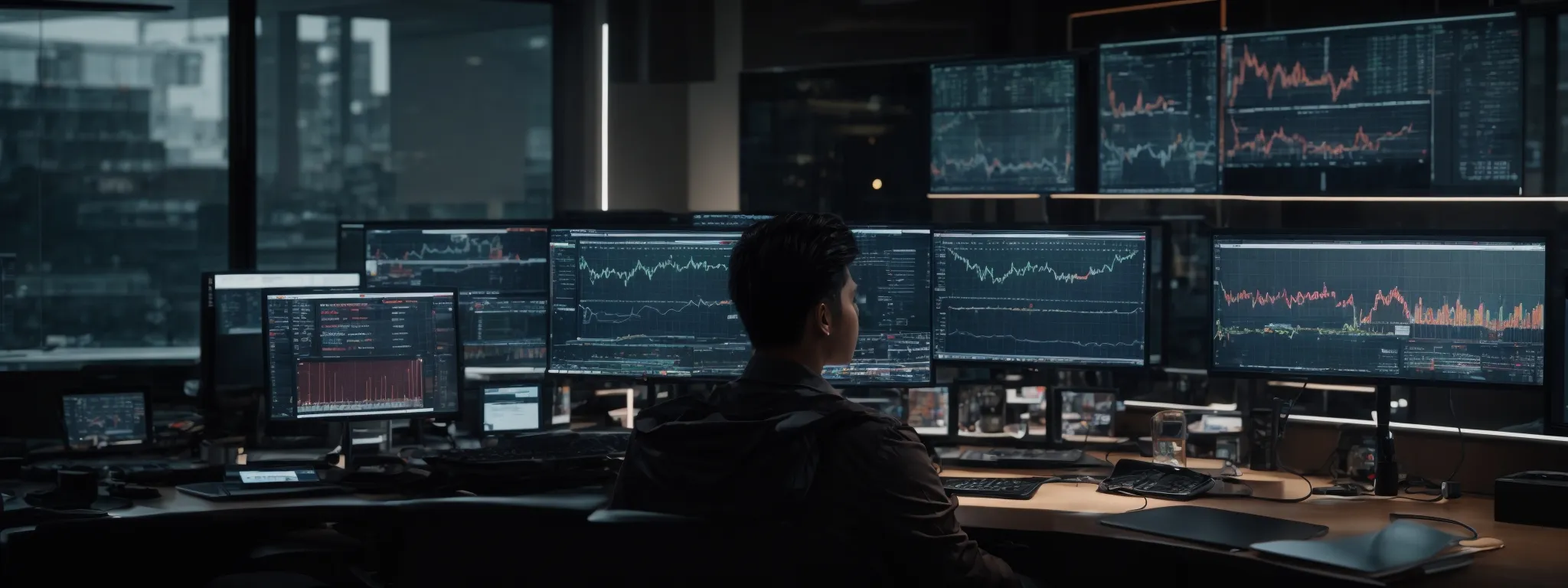 a person sitting at a modern desk with multiple computer monitors displaying charts and seo analytics.