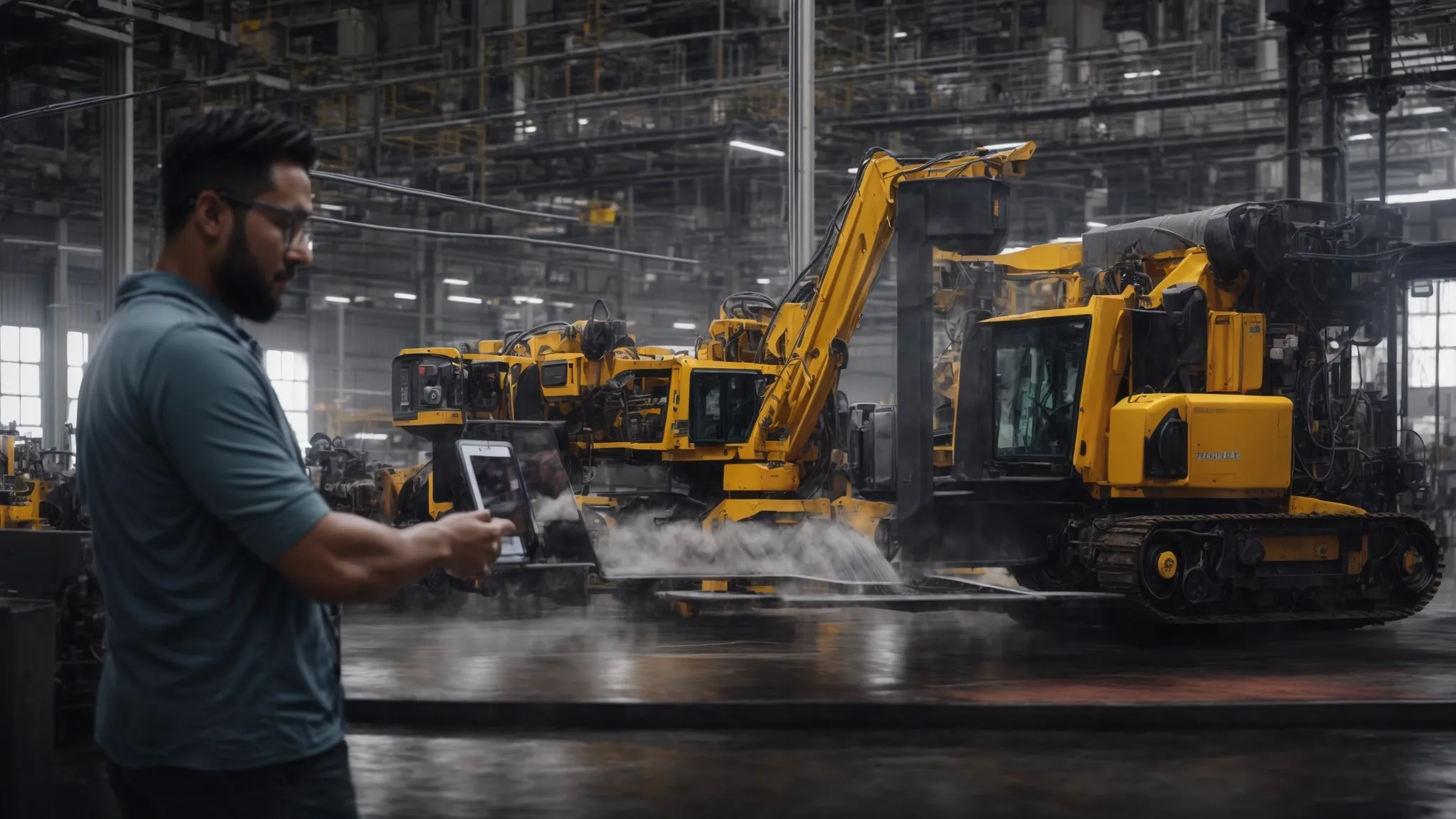 a marketing professional presents a 3d rendering of heavy machinery on a digital tablet to a group in a factory setting.