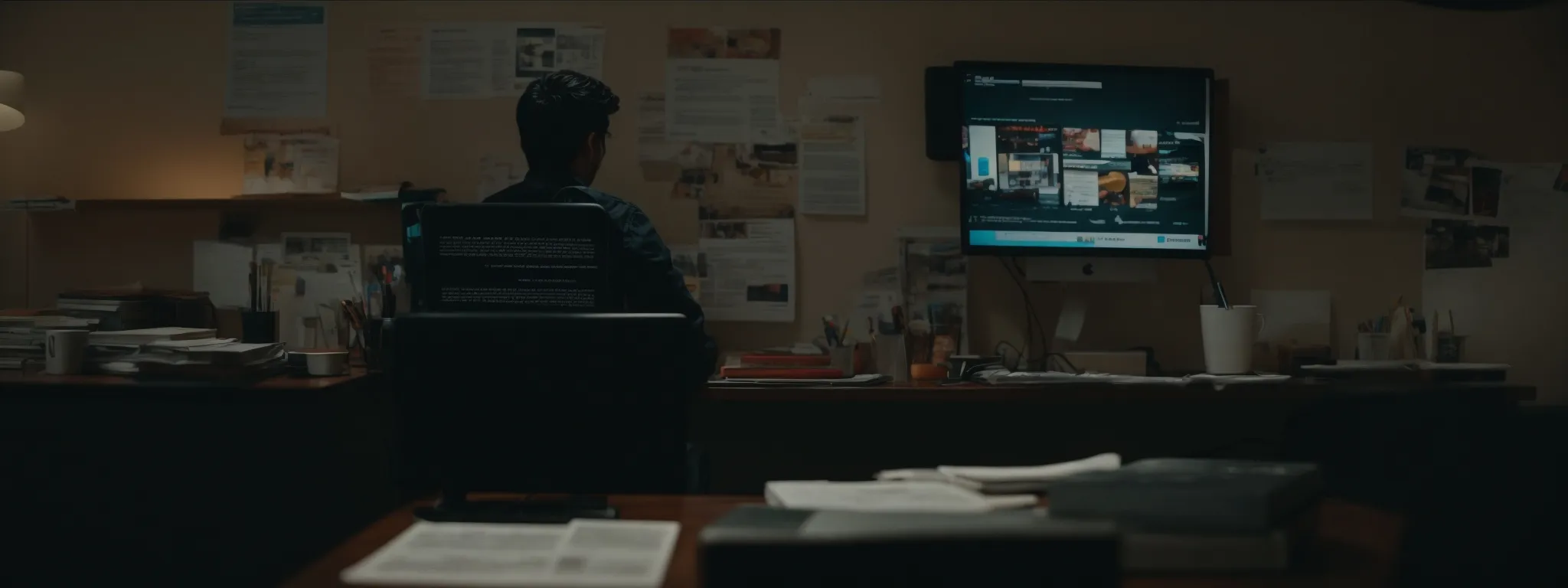 a person sitting at a desk with a laptop screen showing an array of bold headlines, symbolizing the output of a title generator tool.