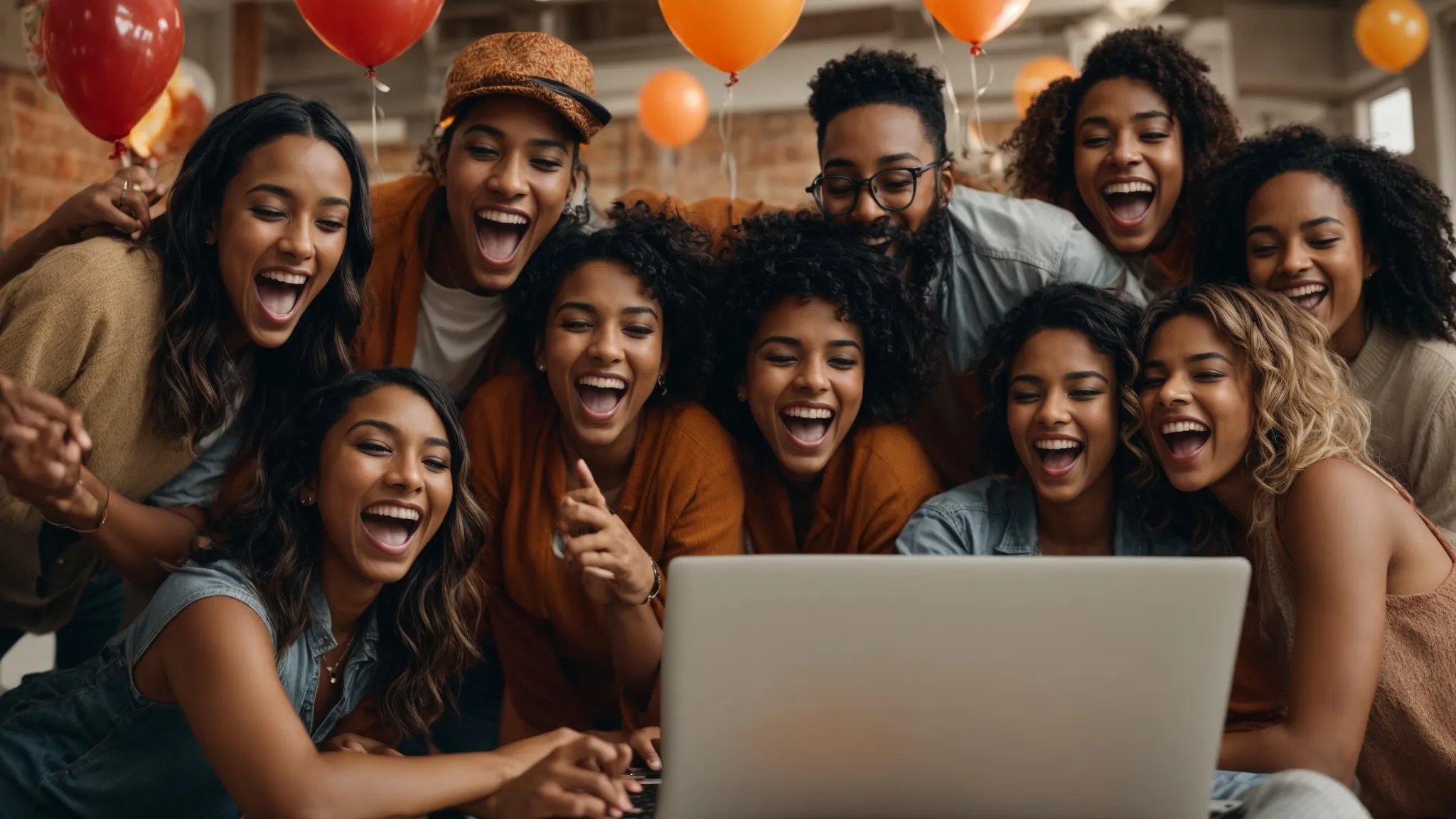 a group of excited individuals gathered around a laptop displaying a vibrant social media giveaway announcement.