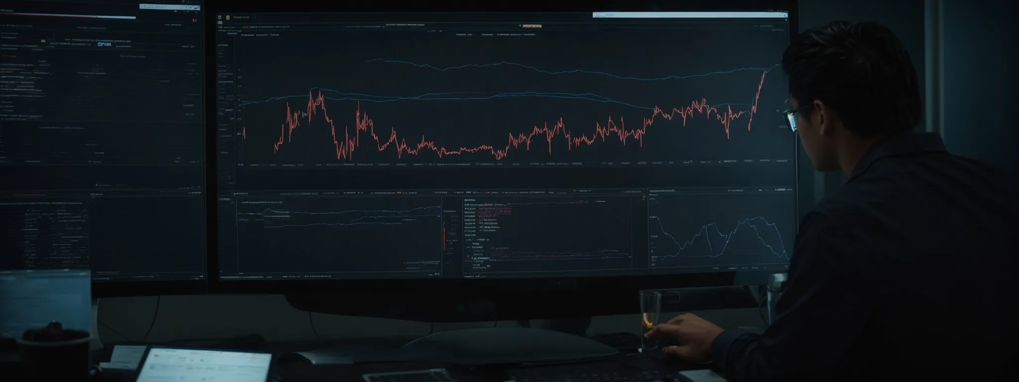 an analyst viewing graphs and charts on a computer screen, illustrating the performance of a website's linkbuilding profile.