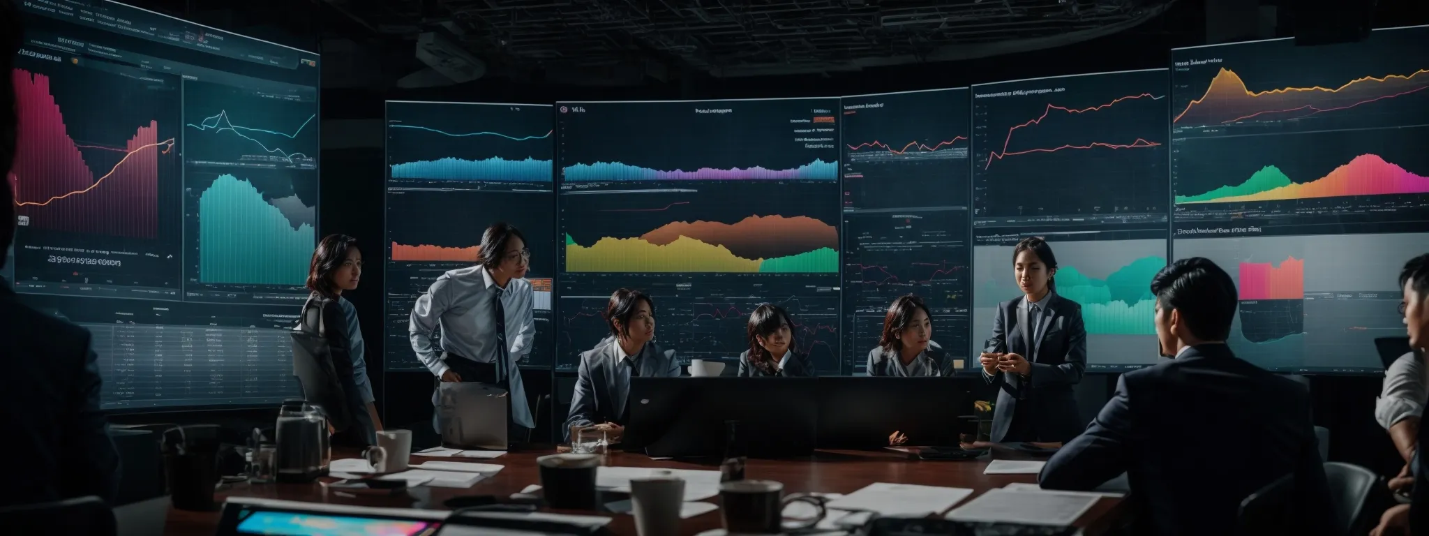 a group of professionals gathered around a large screen displaying colorful graphs and charts, indicating a marketing strategy meeting.