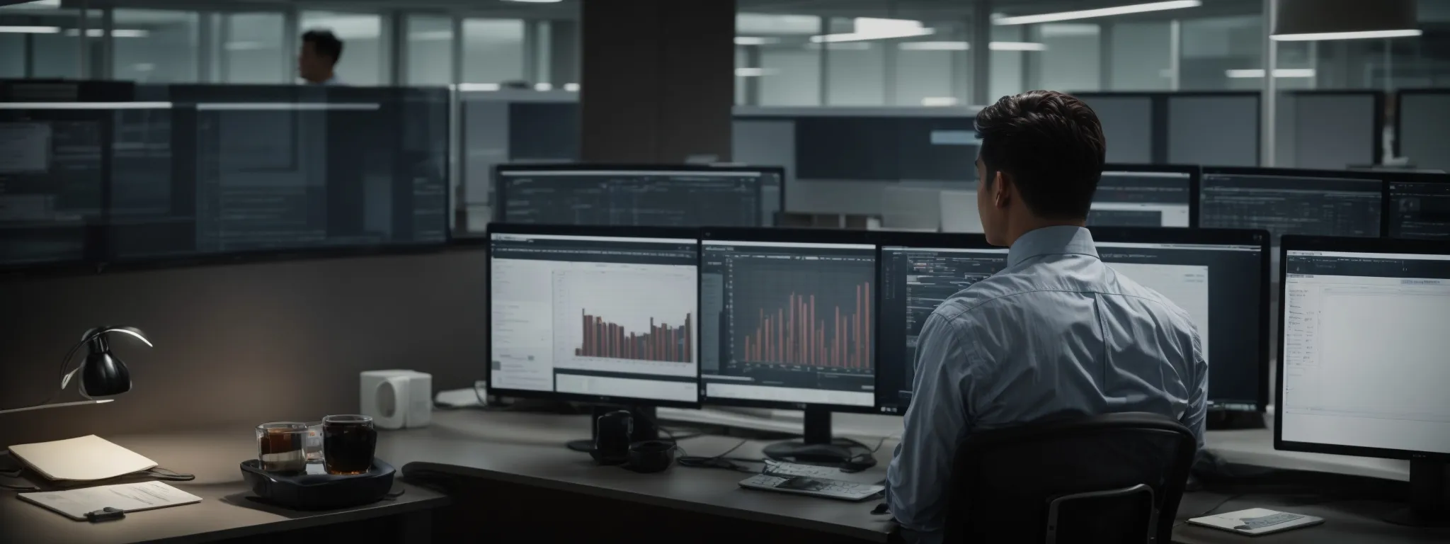 a marketer reviews extensive analytical reports on a computer in a modern office setting.