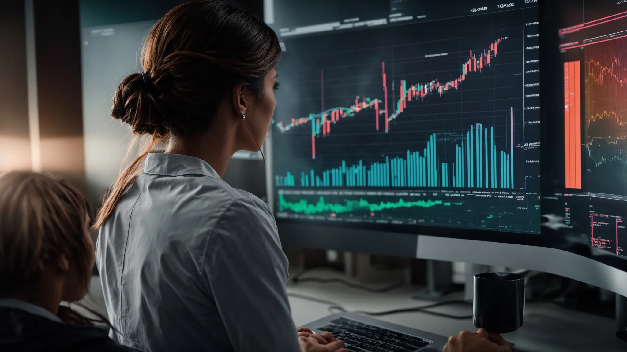 a person is staring intently at a large computer screen, displaying colorful charts and data, indicative of an seo analytics dashboard integrated with microsoft excel.