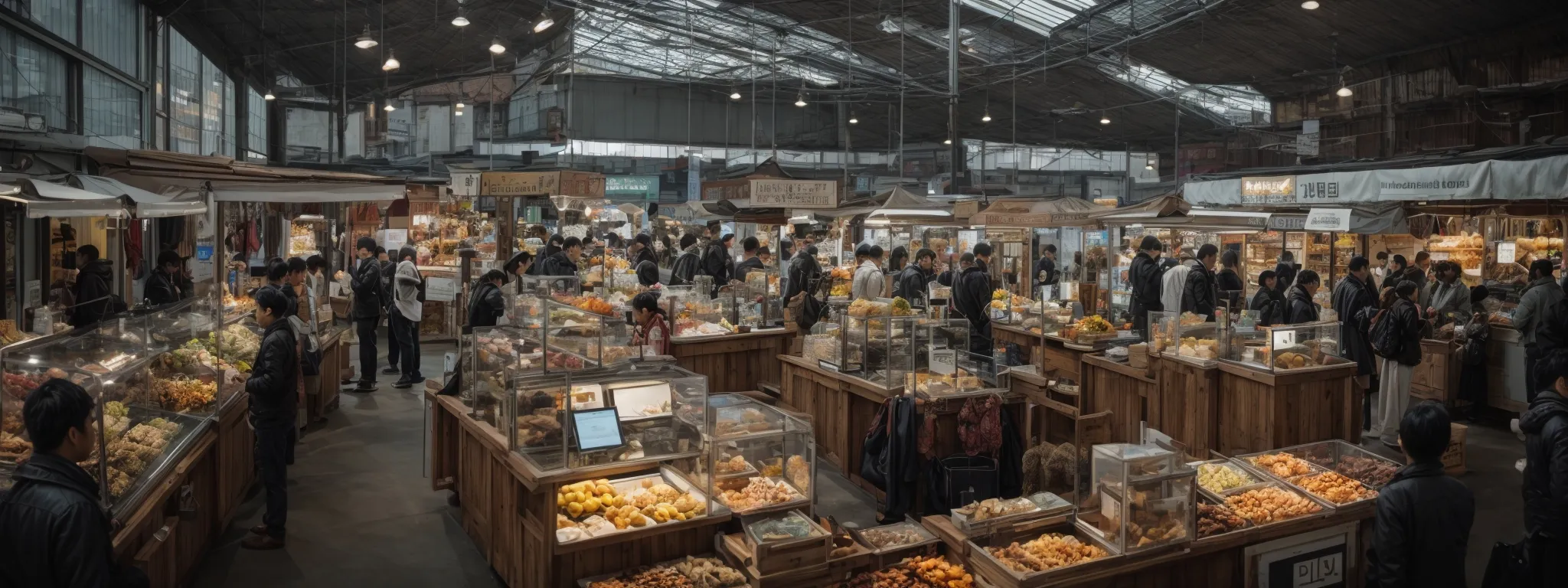 a bustling marketplace with local shops employing digital screens and modern devices to showcase their unique products and services.
